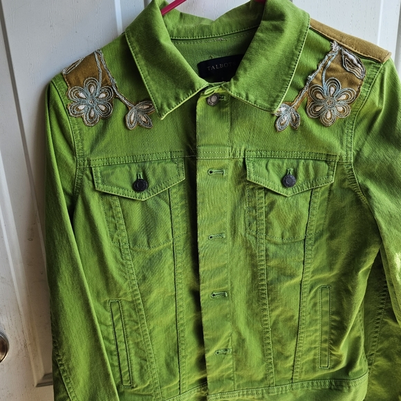 Talbots Green Denim Jacket size Small. Embellished with floral motifs and fringe - Picture 2 of 2